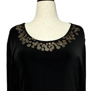 Chicos Travelers Top Womens XL 3 Black Embellished Neckline Slinky Stretch Party